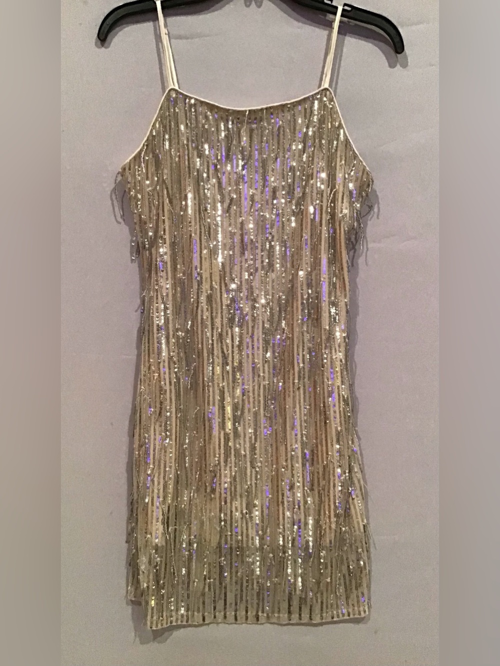 420 Blue Rain Gold Sequin Fringe Mini Dress